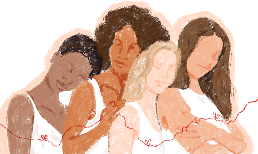 Four beautiful abstract girls of different nationalities are tied with a red thread. Each girl's head rests on the next. The concept of unity, women's support and well-being. The female's empowerment movement.